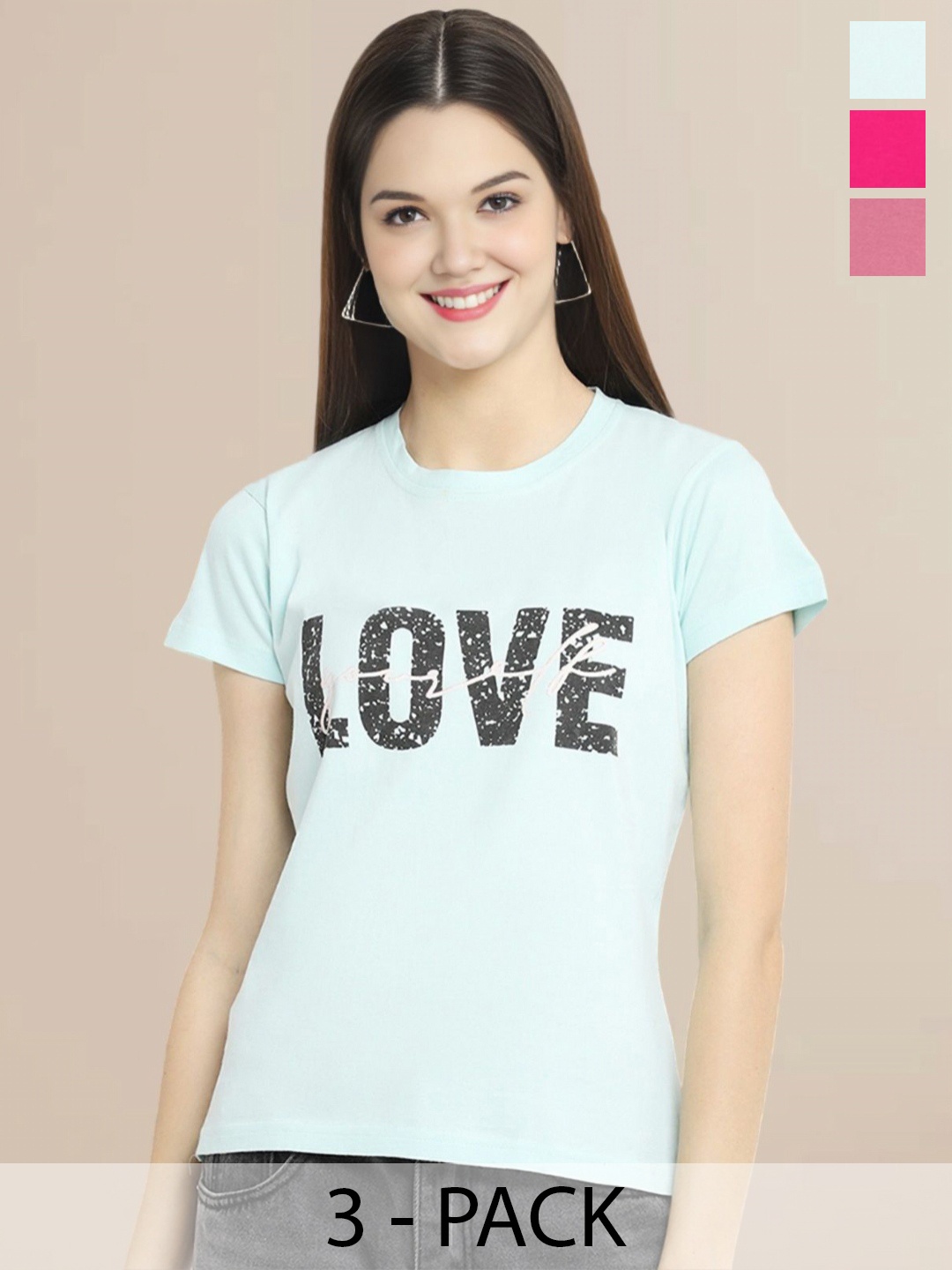 

Metronaut Women Pack Of 3 Typography Printed Round Neck Cotton T-shirts, Pink