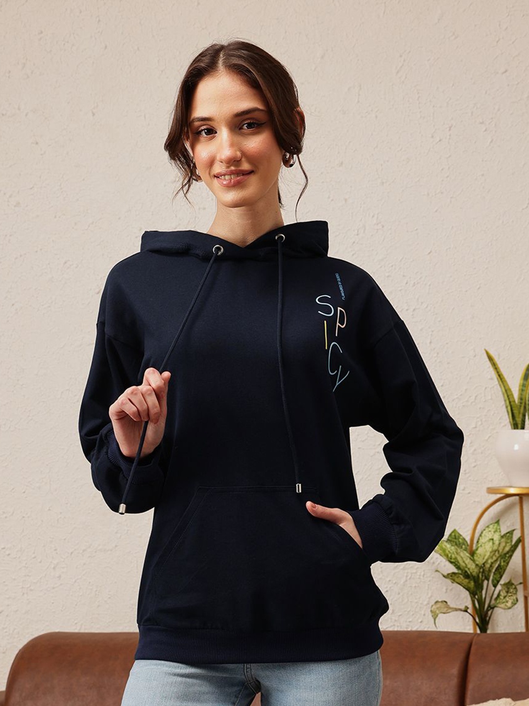 

QUIERO Women Printed Hooded Sweatshirt, Navy blue