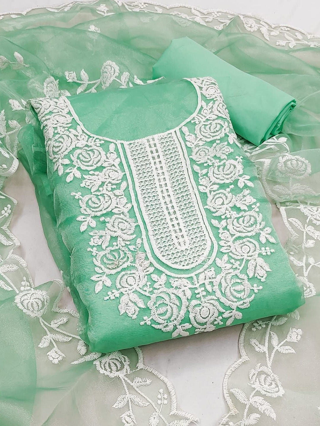 

ZEEPKART Organza Unstitched Dress Material, Teal