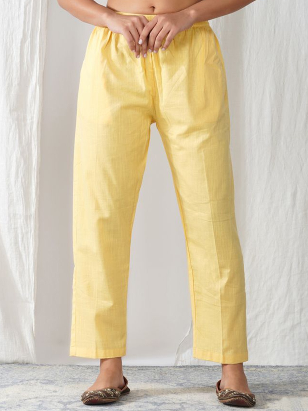 

zuri Women Relaxed Straight Leg Fit Mid-Rise Cotton Trousers, Yellow