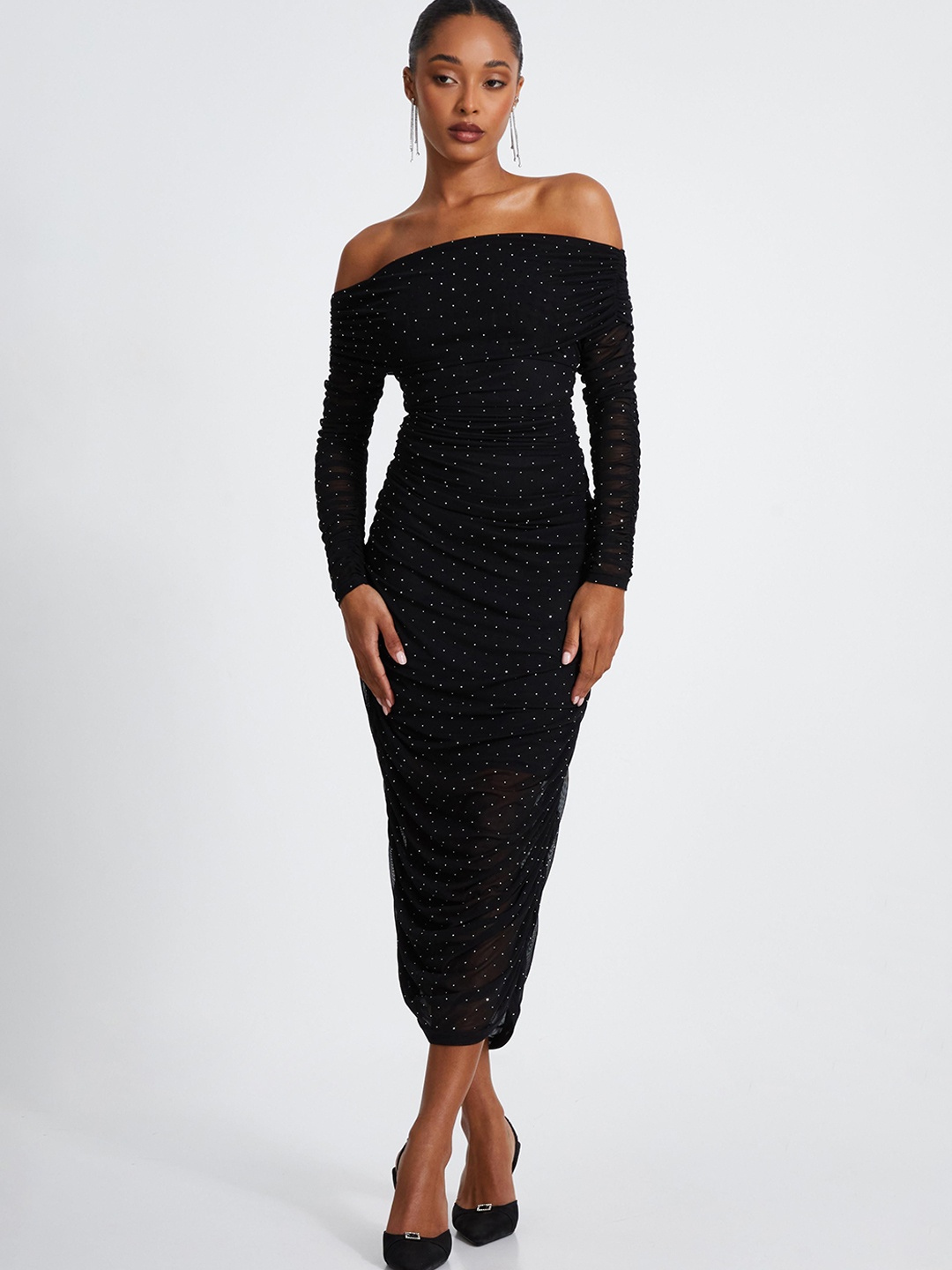 

QUIZ Polka Dot Print Off-Shoulder Bodycon Midi Dress, Black