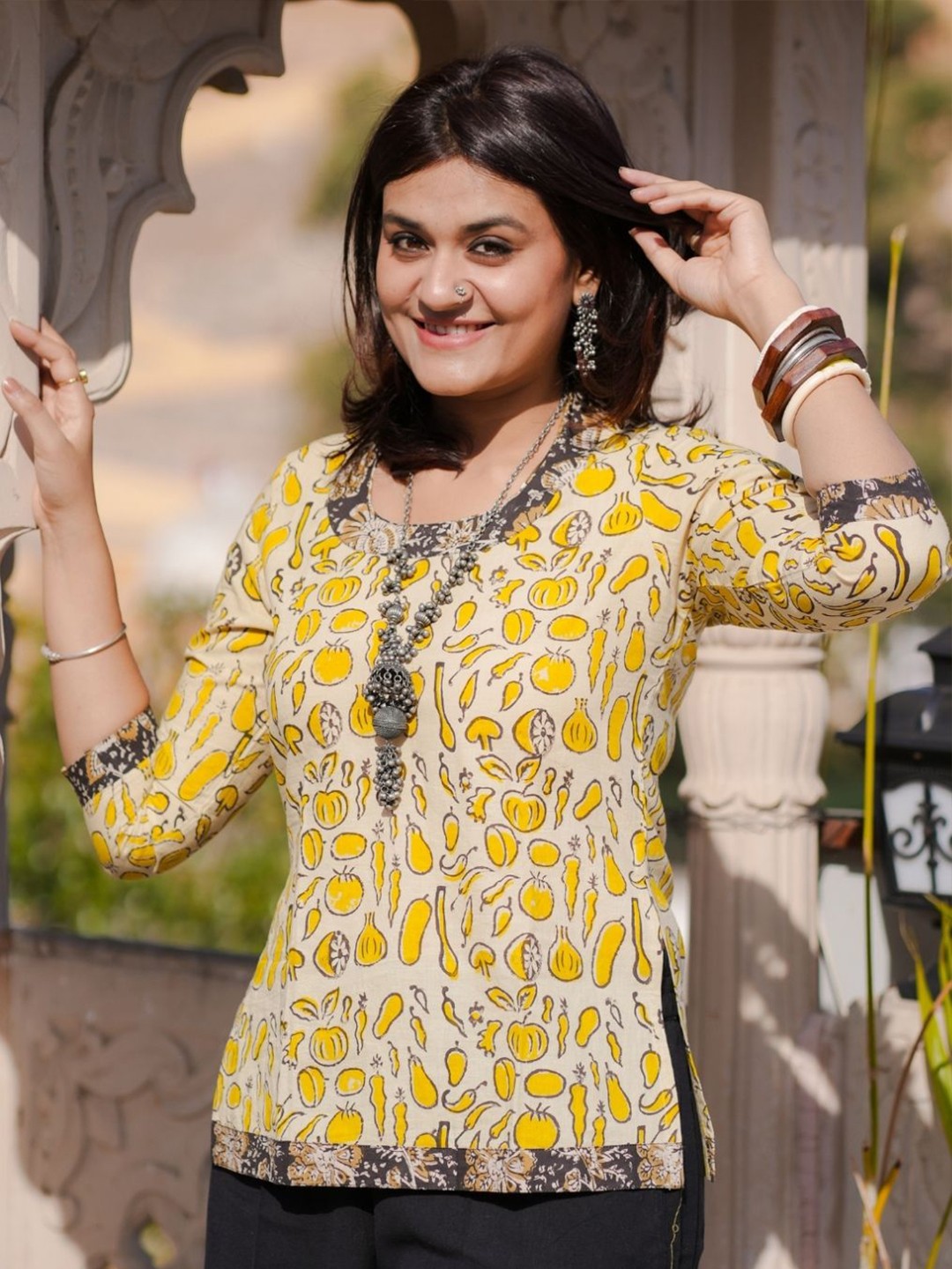 

SASSY SAJJA Floral Printed Cotton Top, Yellow