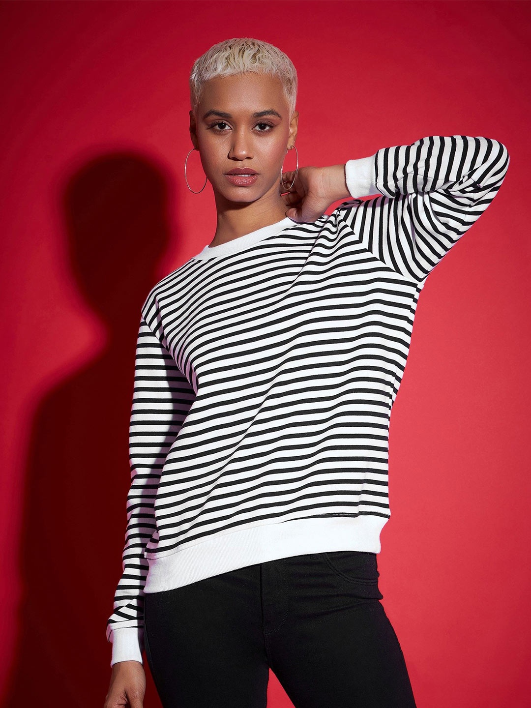 

SASSAFRAS Women Striped Cotton Sweatshirt, Black