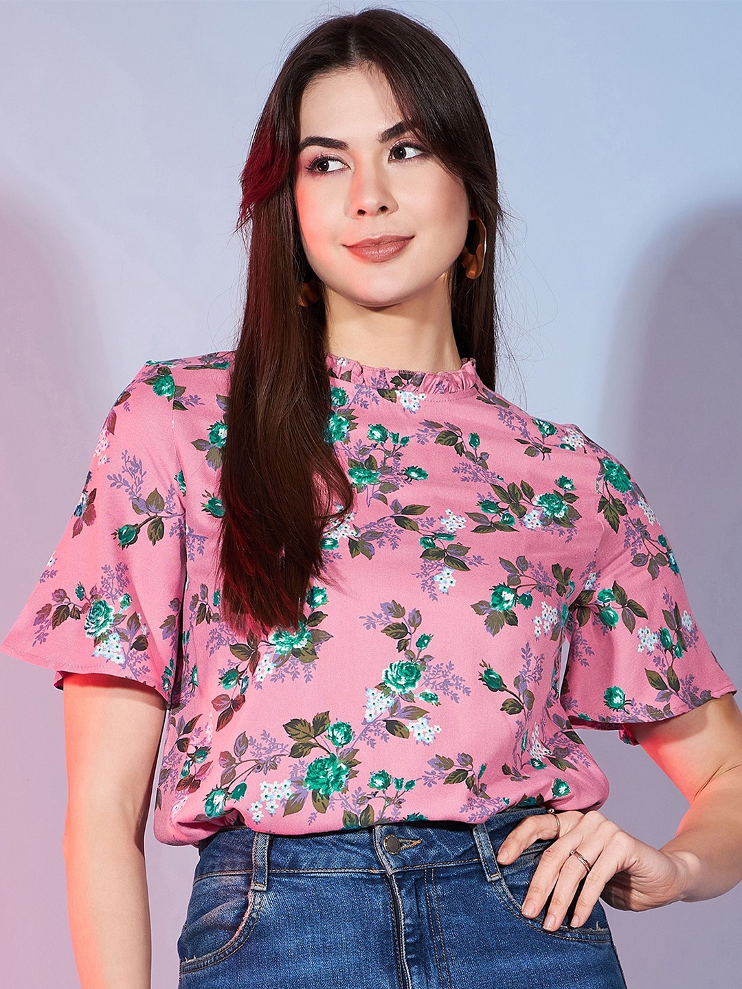 

DressBerry Women Floral Printed Flared Sleeve Top, Peach