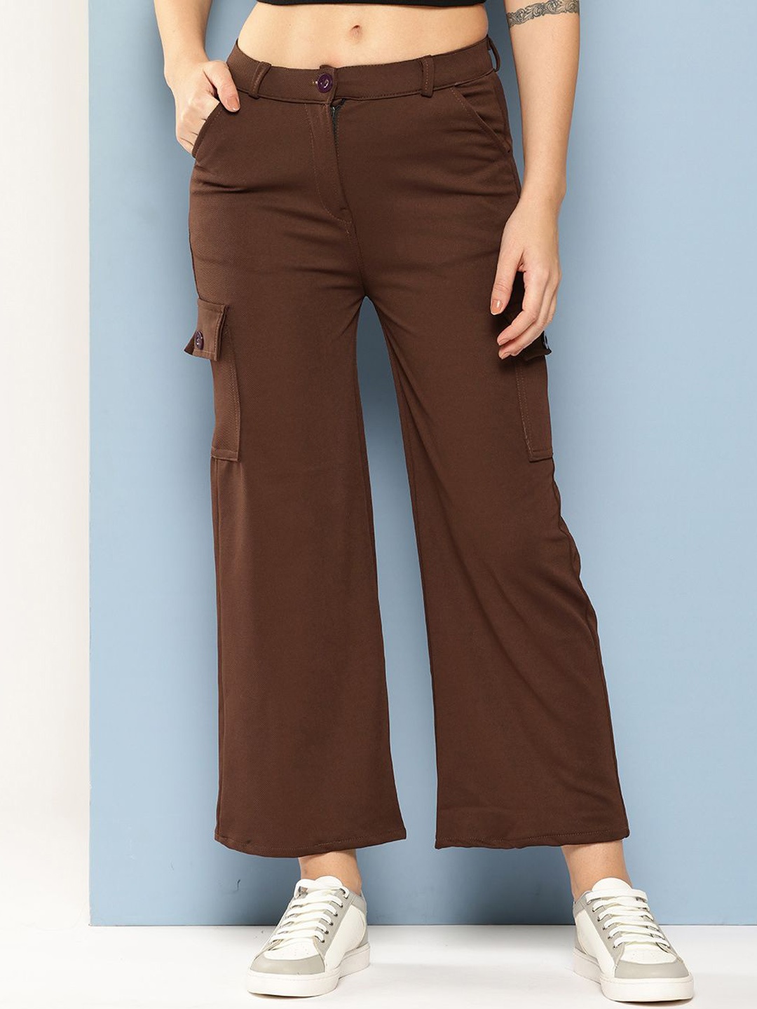 

The Roadster Lifestyle Co Women Straight-Fit Cargo Styles Wide Leg Trousers, Brown