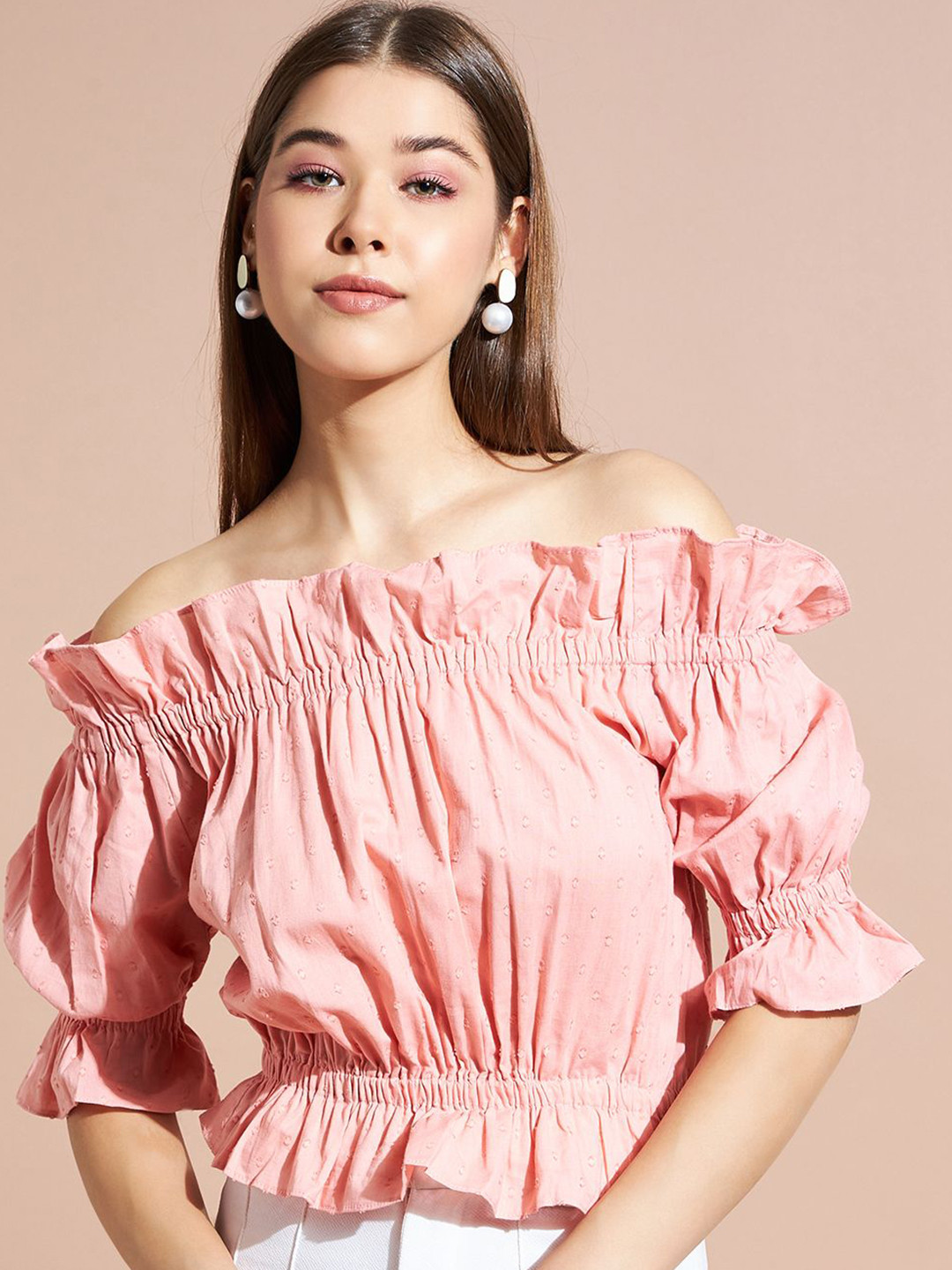 

DressBerry Women Off-Shoulder Puff Sleeve Bardot Crop Top, Pink