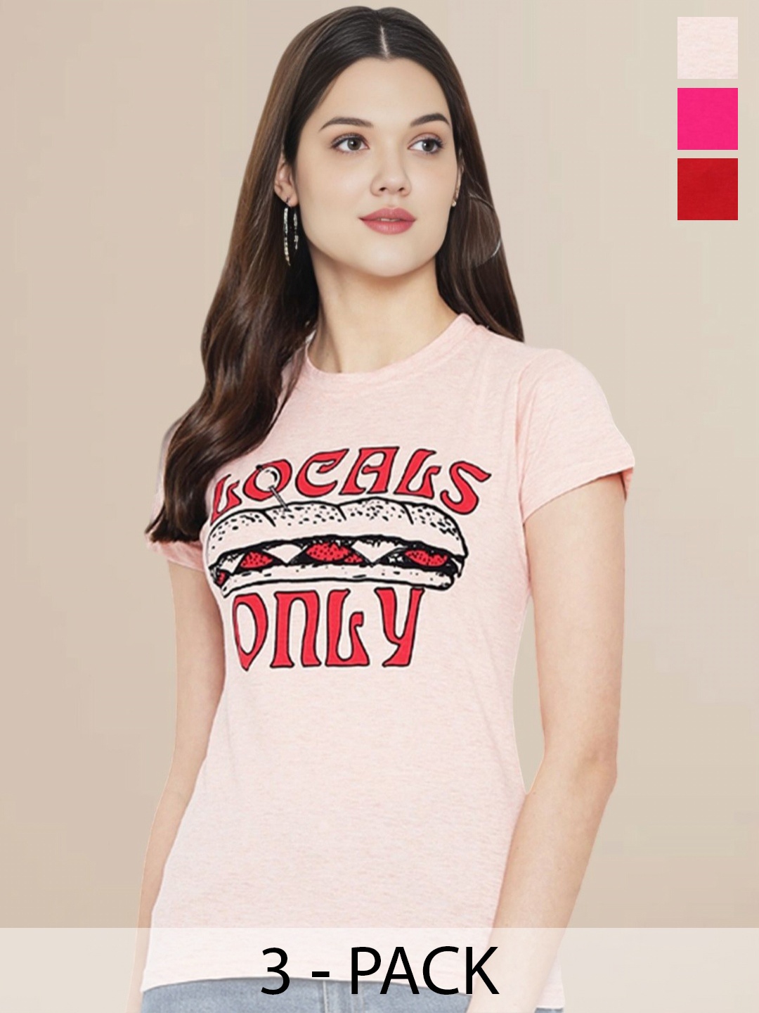 

Metronaut Women Pack Of 3 Typography Printed Round Neck Cotton T-shirts, Pink