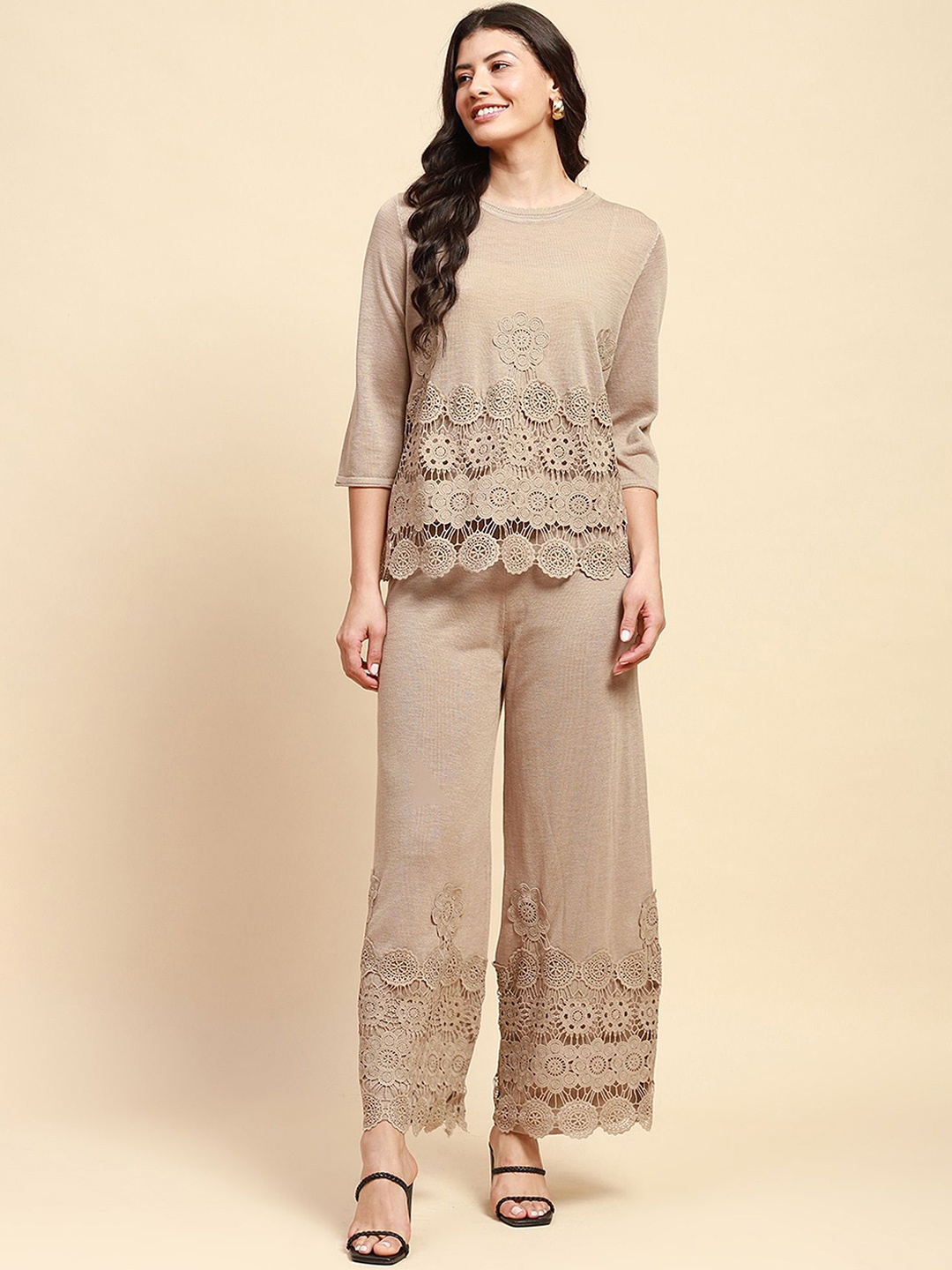 

Global Republic Embellished Round Neck Three-Quarter Sleeves Top With Trouser, Brown