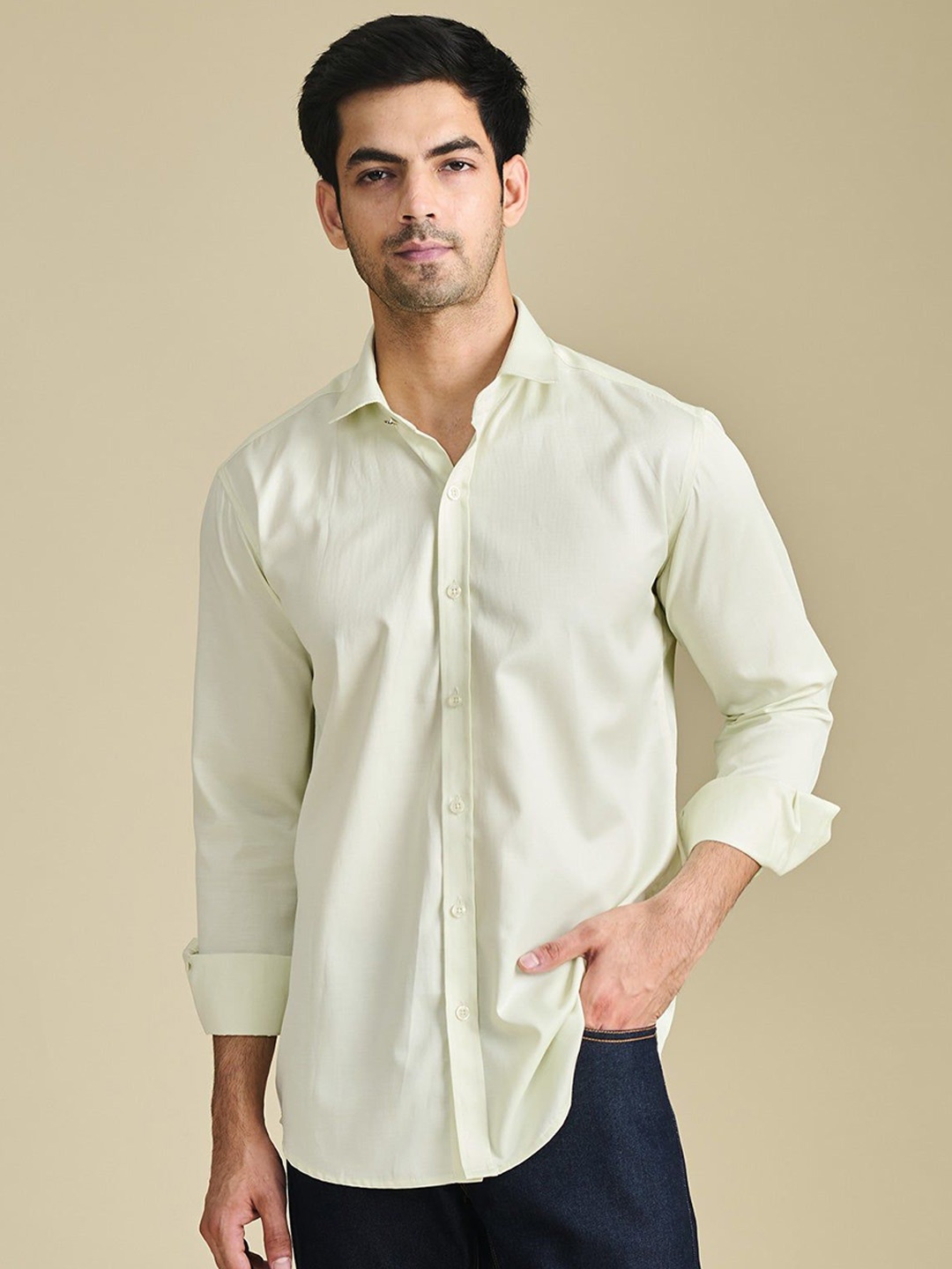 

Beyours Men Solid Classic Fit Opaque Cotton Casual Shirt, Lime green