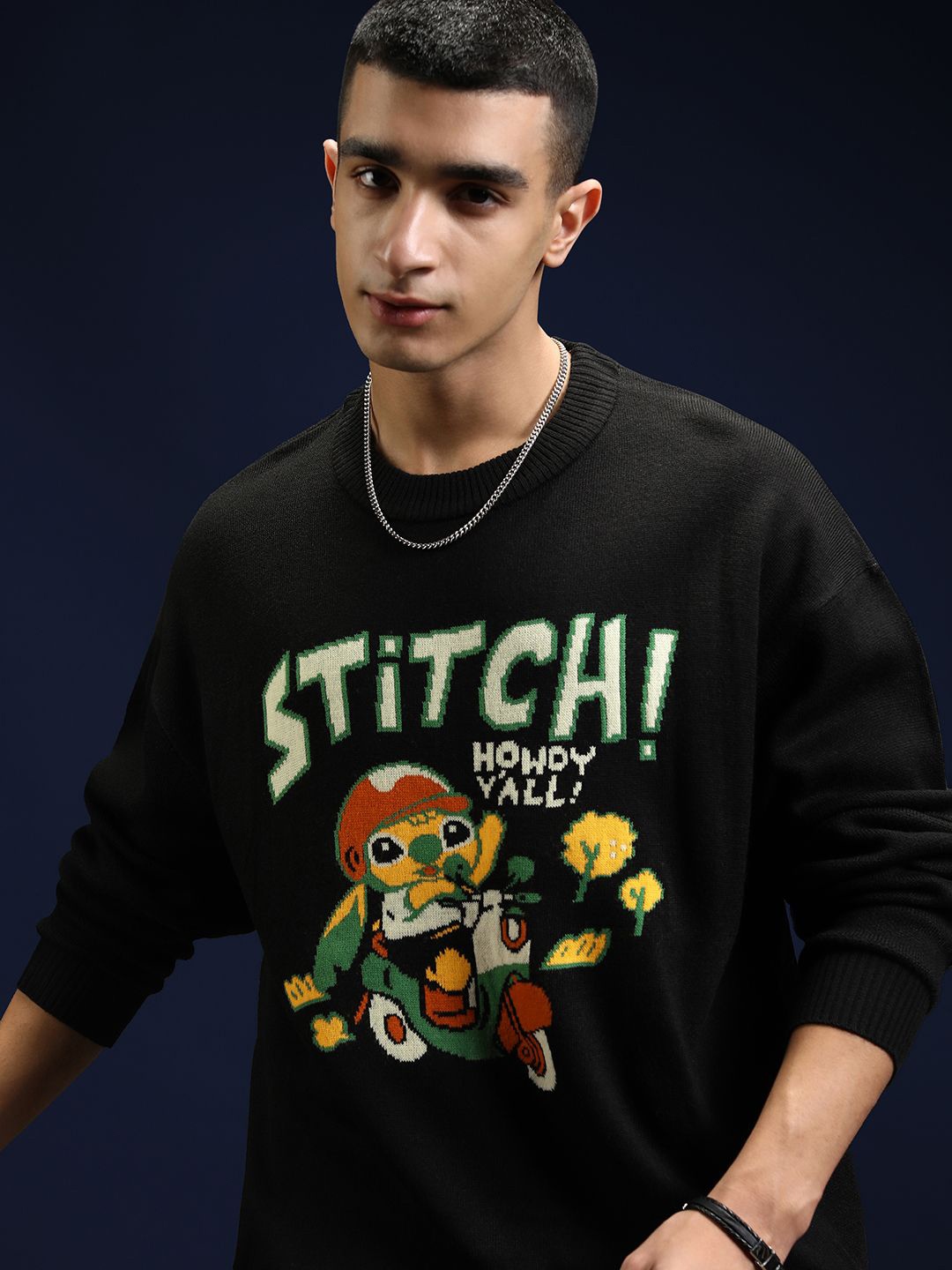 

Highlander Disney Men Stitch Jet Round Neck Self Design Sweater, Black