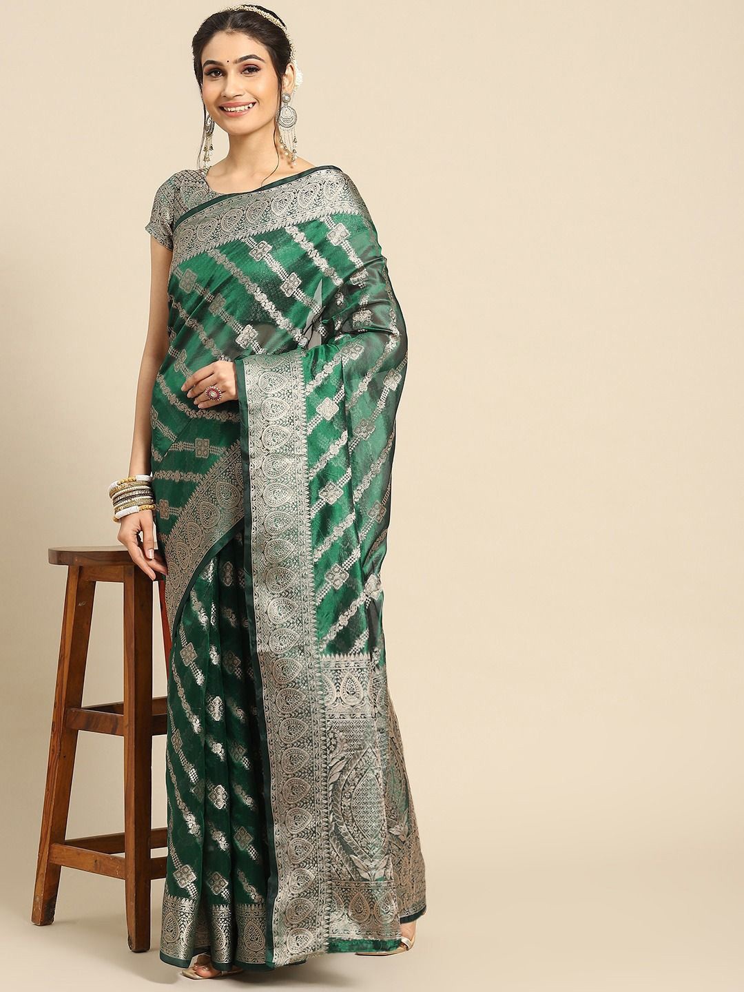 

SHRIMAY Woven Design Zari Organza Banarasi Saree, Green
