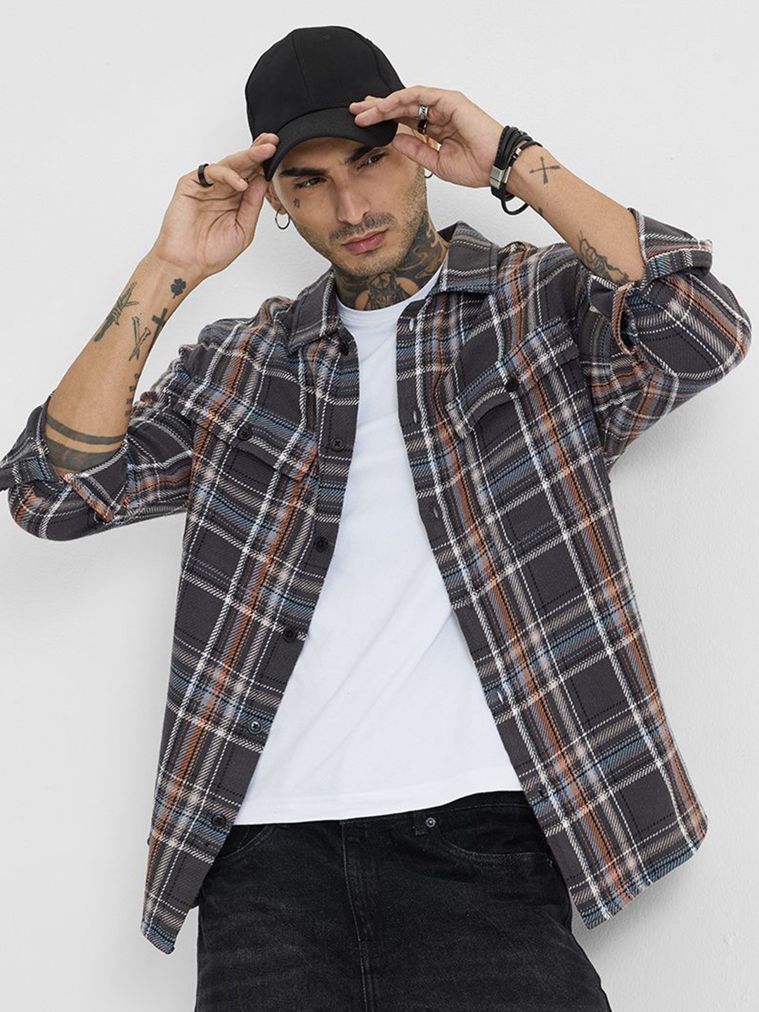 

Snitch Men Checked Open Front Jacket, Charcoal