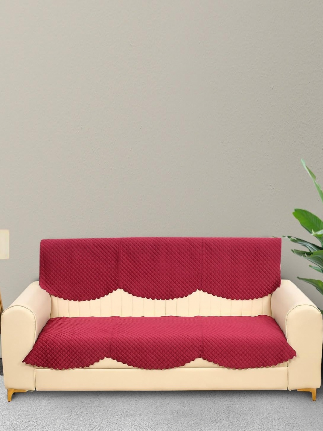 

Bajo's Maroon 2 Pieces Checked Velvet 3 seater Sofa Cover