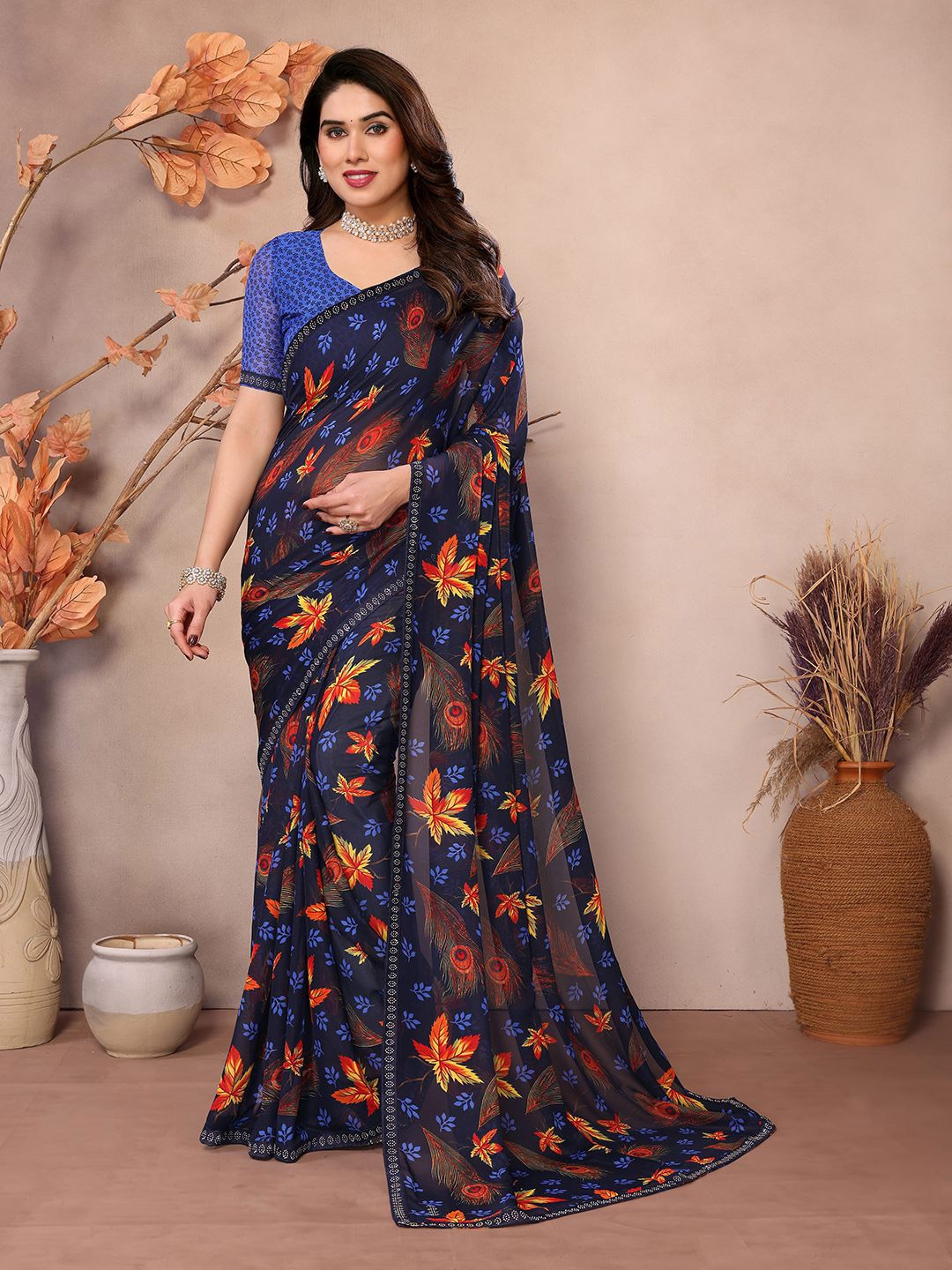 

ANAND SAREES Floral Beads and Stones Pure Georgette Saree, Blue