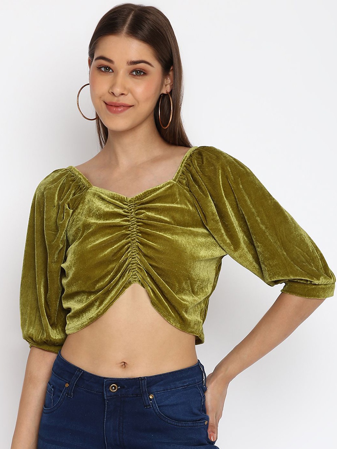 

DressBerry Women Sweetheart Neck Puff Sleeve Velvet Top, Olive