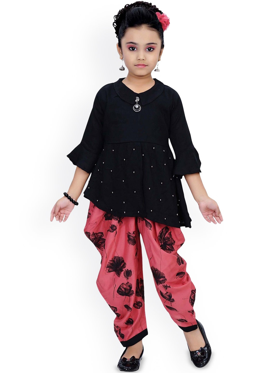 

BAESD Girls Floral Printed Angrakha Kurti with Dhoti Pants, Pink