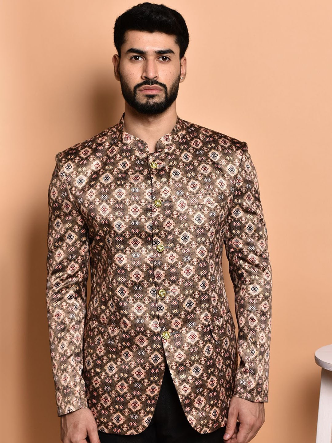 

PRINTINDIA Printed Bandhgala Blazer, Brown