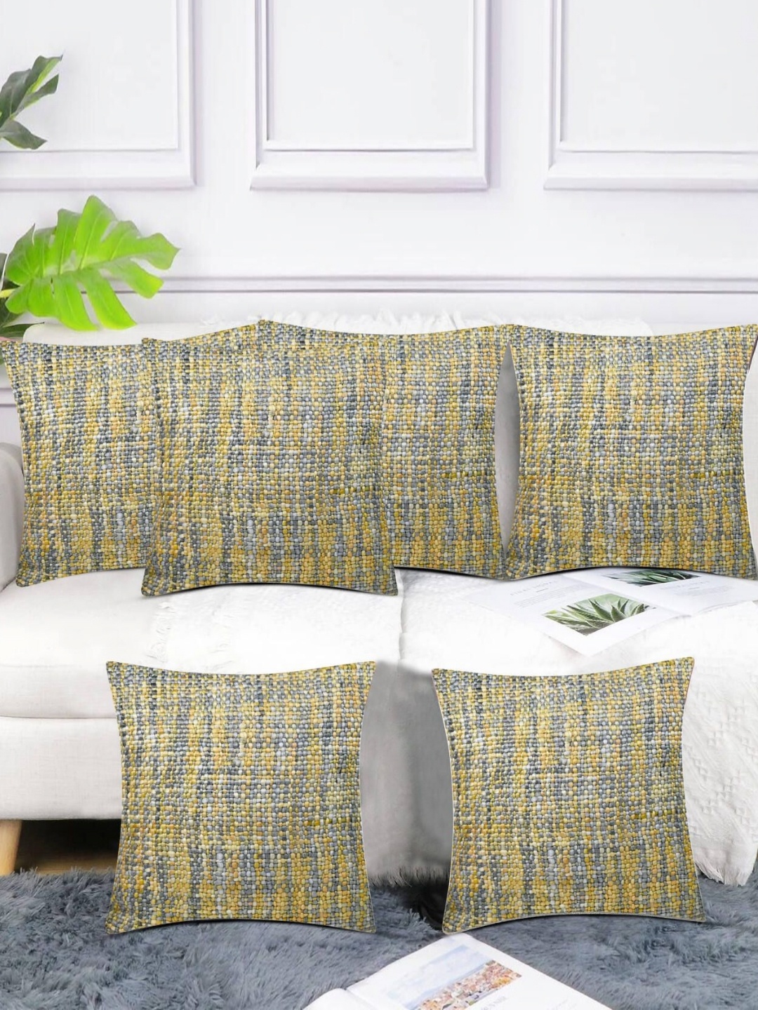 

CIEARO VINTAGE Yellow & Grey Set of 6 Geometric Square Cushion Covers
