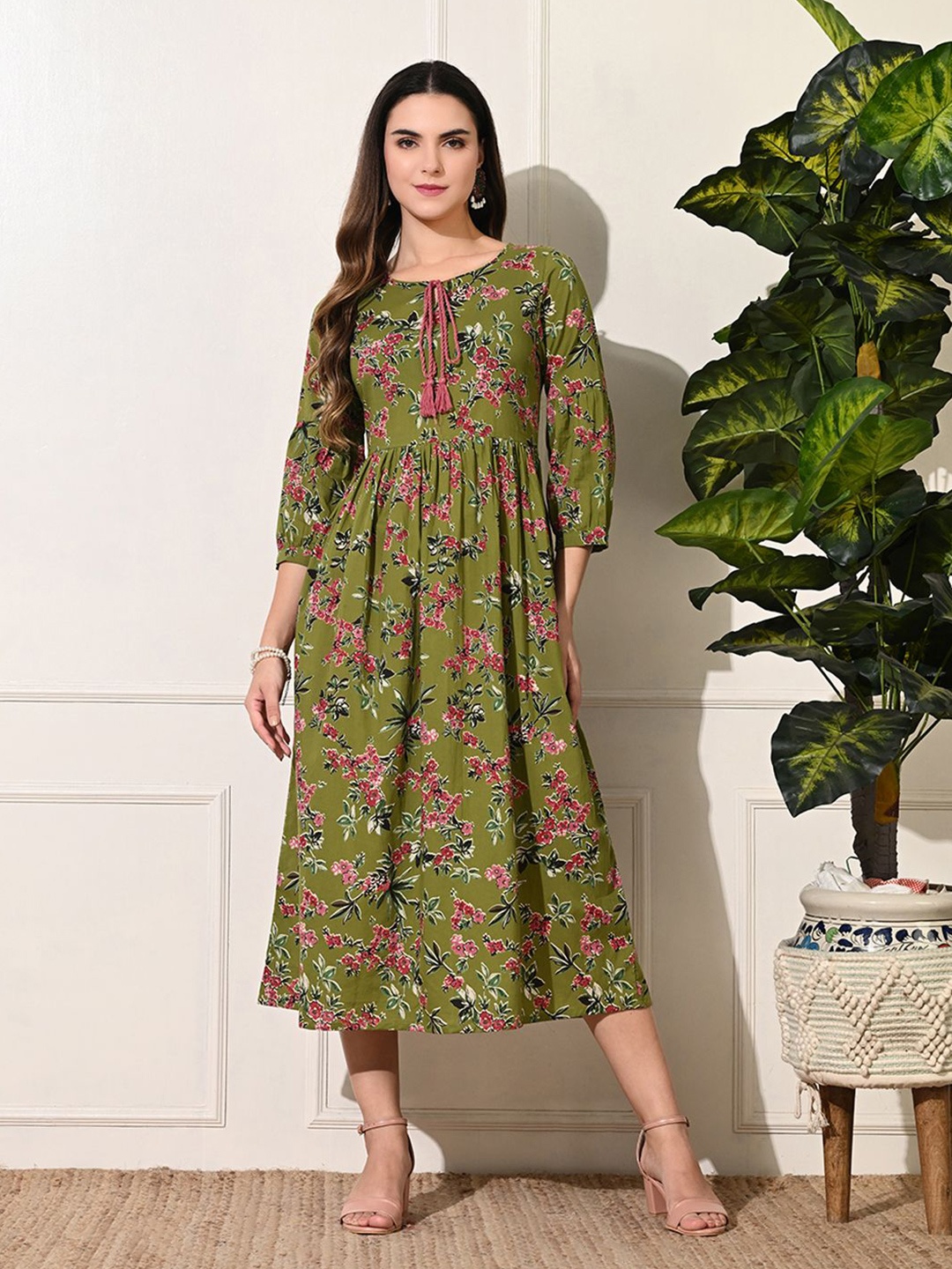 

DECKEDUP Floral Print Tie-Up Neck Fit & Flare Midi Dress, Green