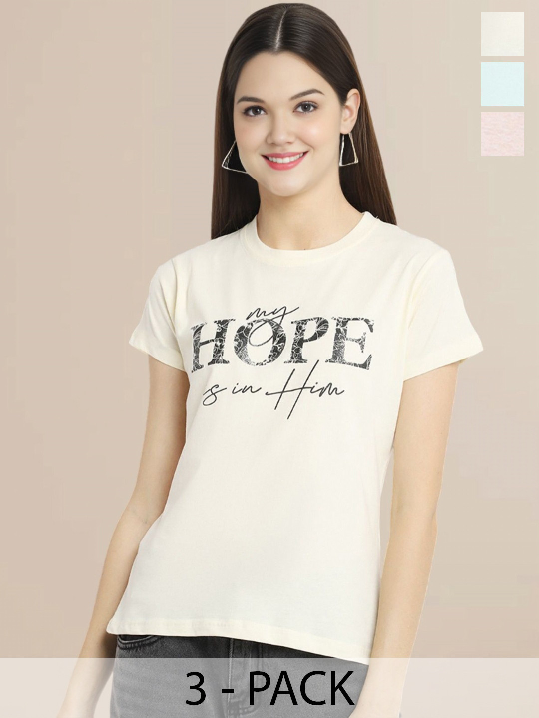 

Metronaut Women Pack Of 3 Typography Printed Round Neck Cotton T-shirts, Off white