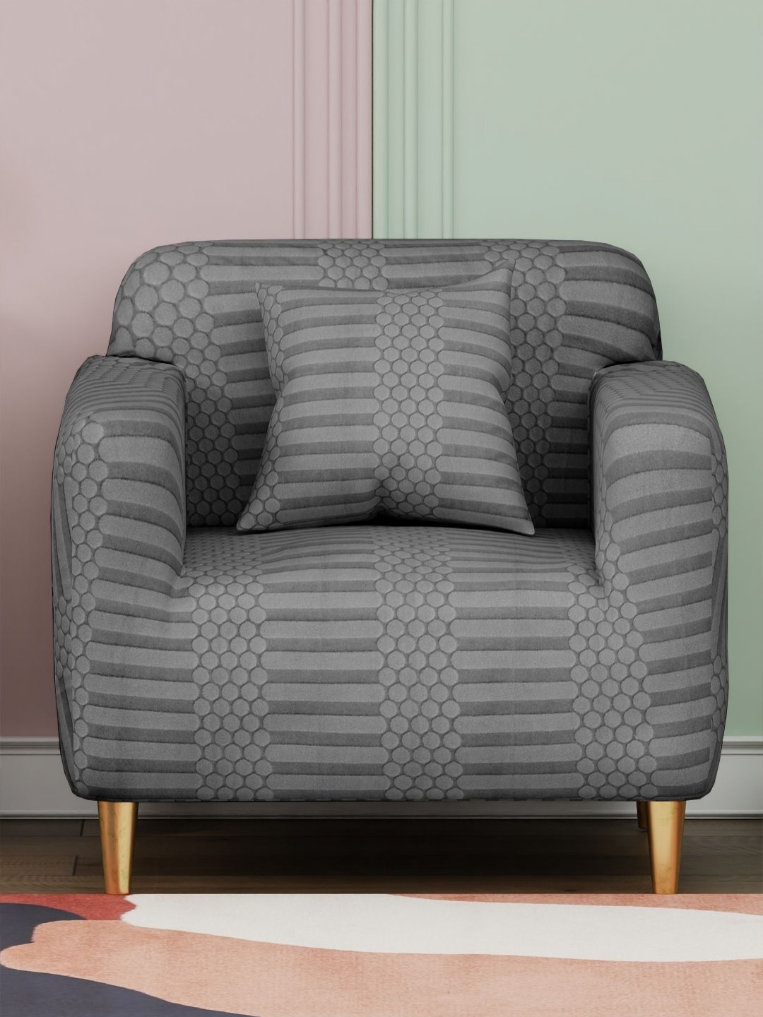 

Myntra Elegant Homes Grey Dotted Stripe Single Seater Jacquard Sofa Cover & Cushion Cover