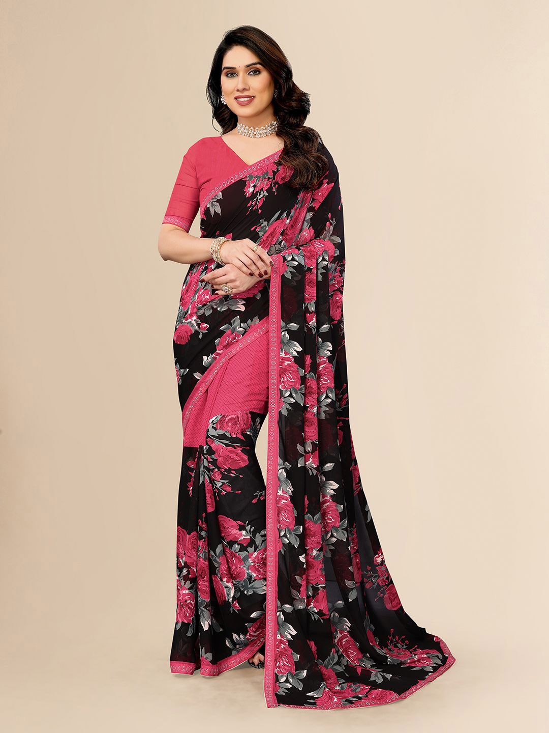 

ANAND SAREES Floral Beads and Stones Pure Georgette Saree, Black
