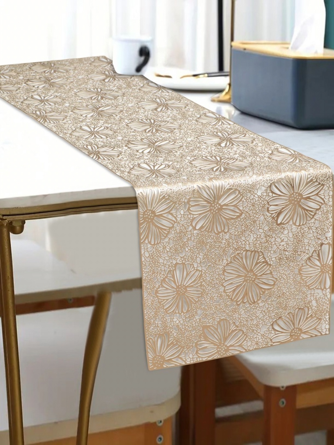 

Dakshya Industries Gold Toned Floral Water-Proof Table Runner, White