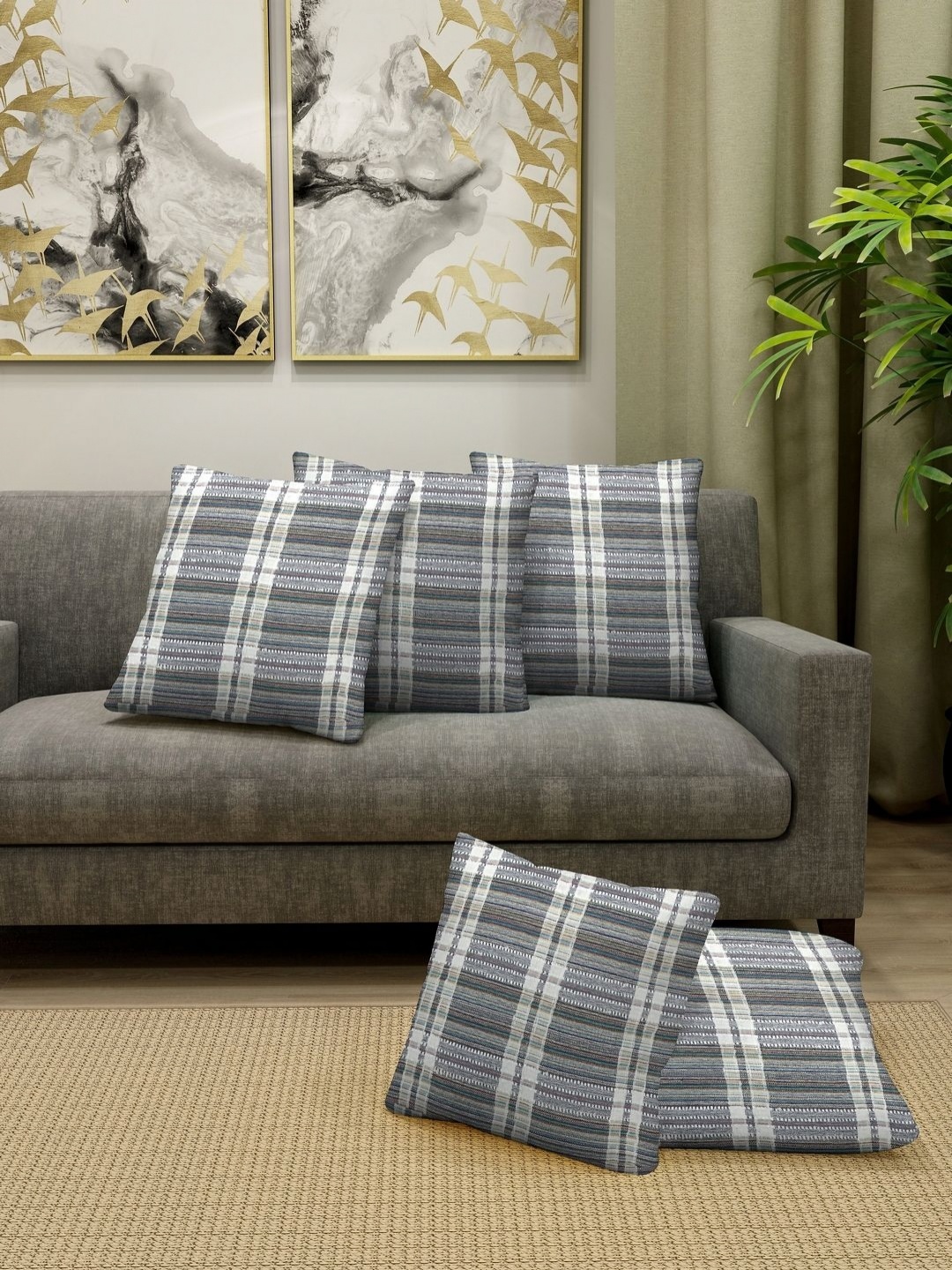 

Aura Grey & White 5 Pieces Checked Cotton Square Cushion Covers