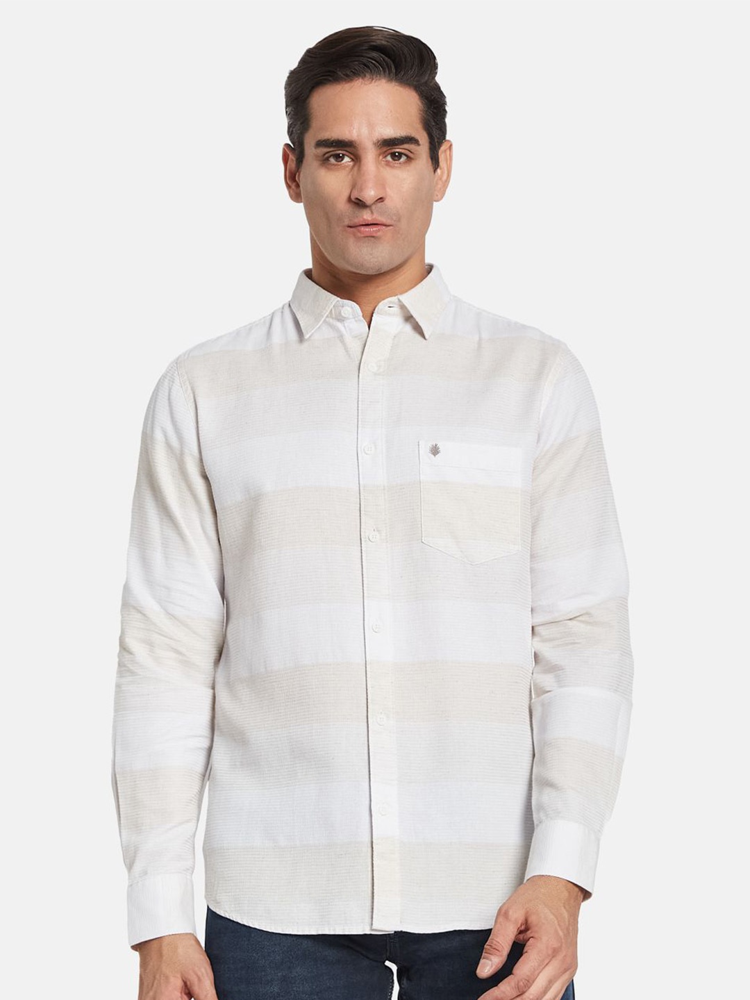 

METTLE Men Multi Stripes Opaque Striped Casual Shirt, Cream