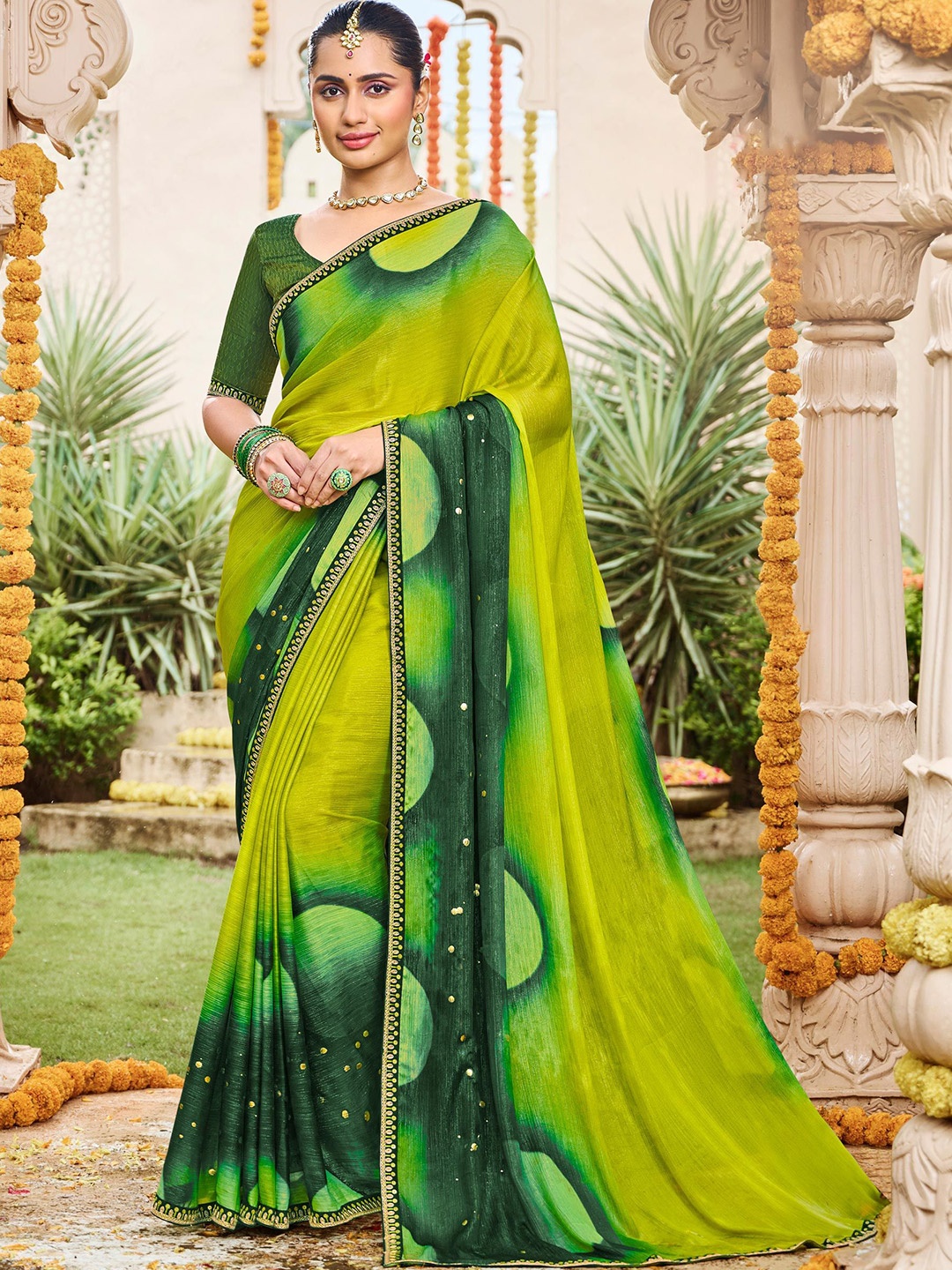 

Laxmipati Sequinned Poly Chiffon Saree, Green