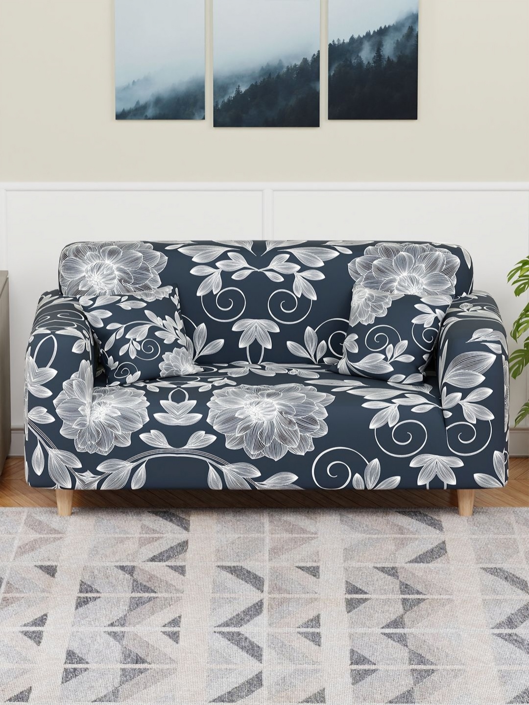 

Myntra Elegant Homes Blue & White Floral Printed Sofa Cover With Arms & 2 Cushion Covers