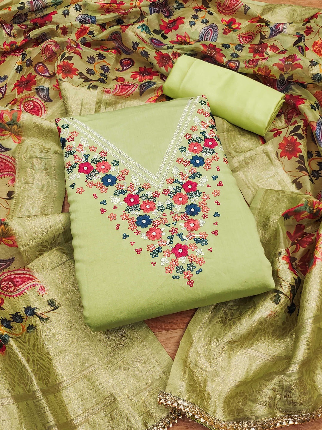 

KALINI Embroidered Unstitched Dress Material, Green