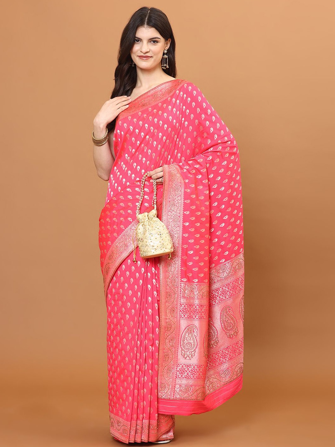 

Meena Bazaar Paisley Woven Art Silk Banarasi Saree, Pink