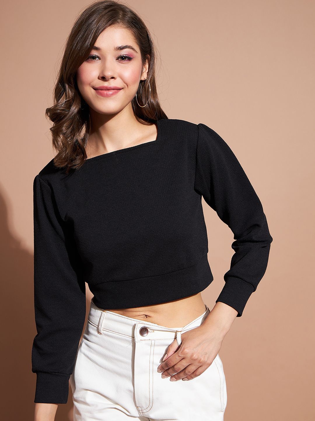 

DressBerry Women Square Neck Cuffed Sleeves Crop Top, Black