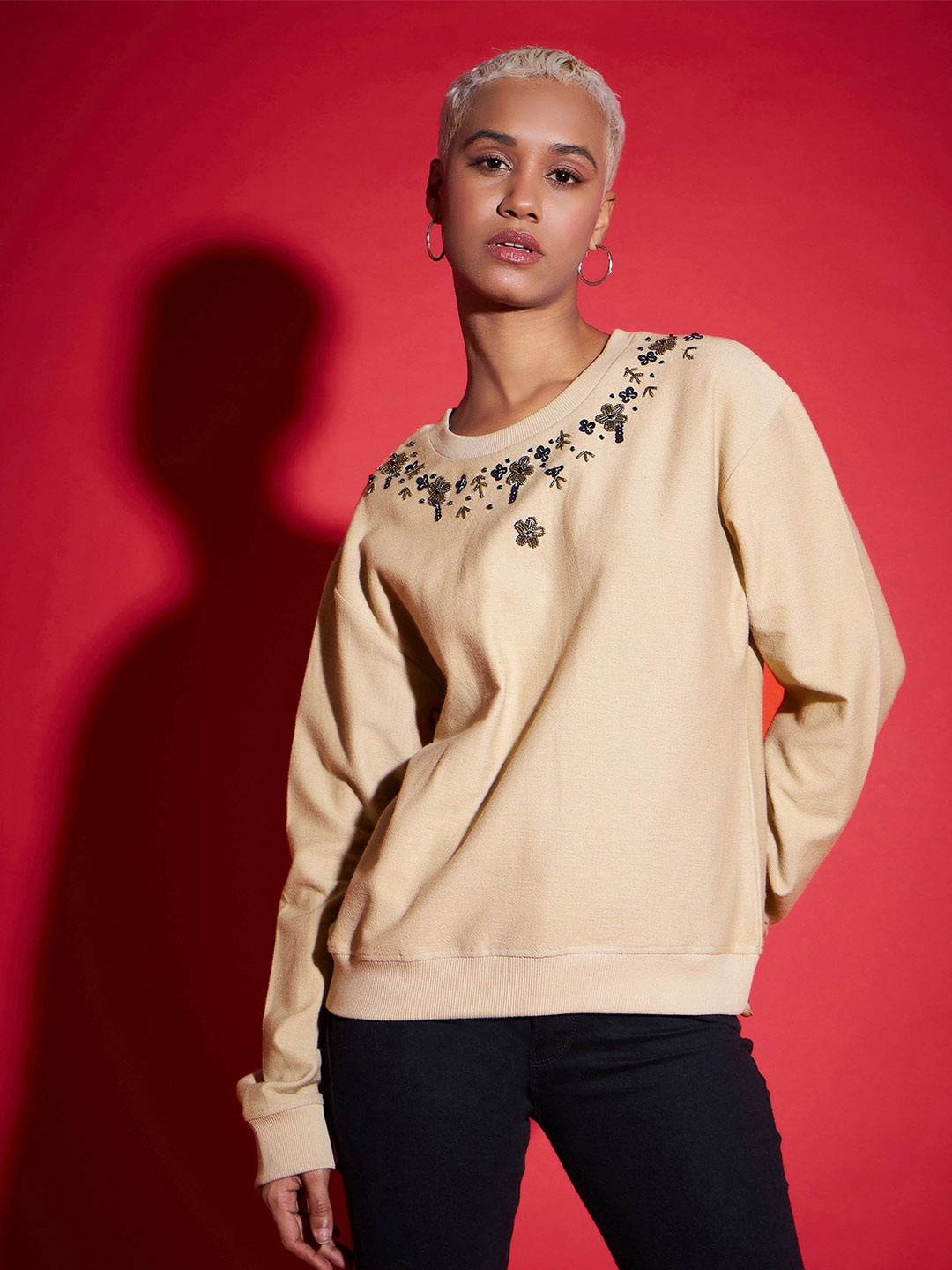 

SASSAFRAS Women Embroidered Sweatshirt, Beige