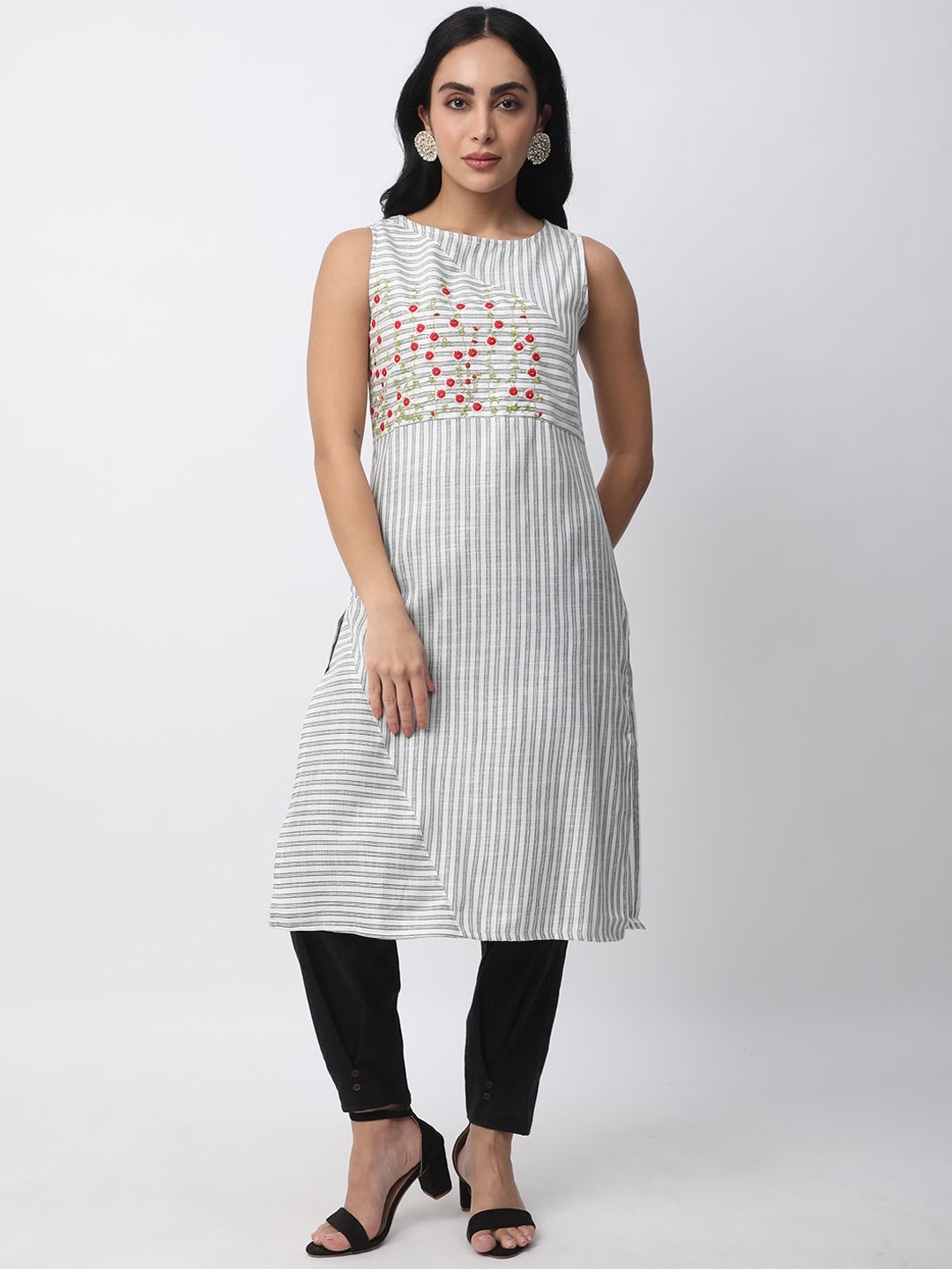 

R&B Women Striped Mirror Work Kurta, White