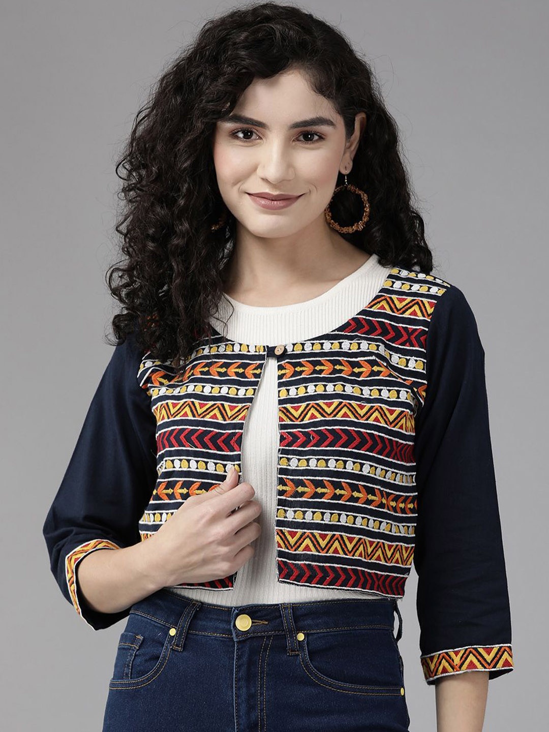 

Roadster Geometric Embroidered Crop Tailored Ethnic Jacket, Navy blue