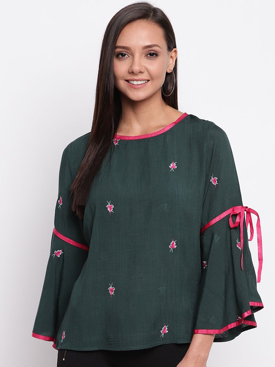 

DressBerry Women Embroidered Flared Sleeve Top, Green