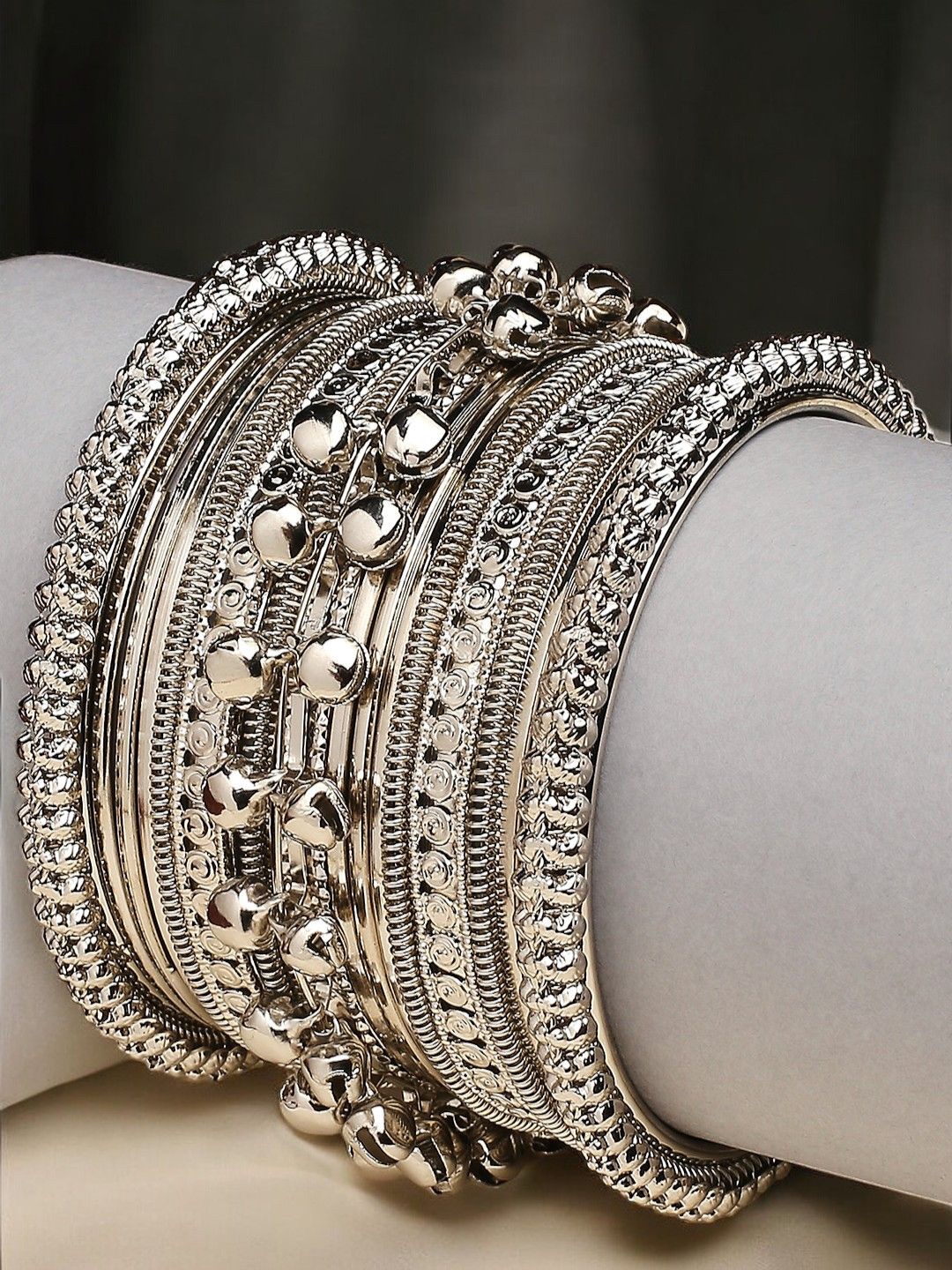 

Sangria Set Of 17 Oxidised & Beaded Bangles, Silver