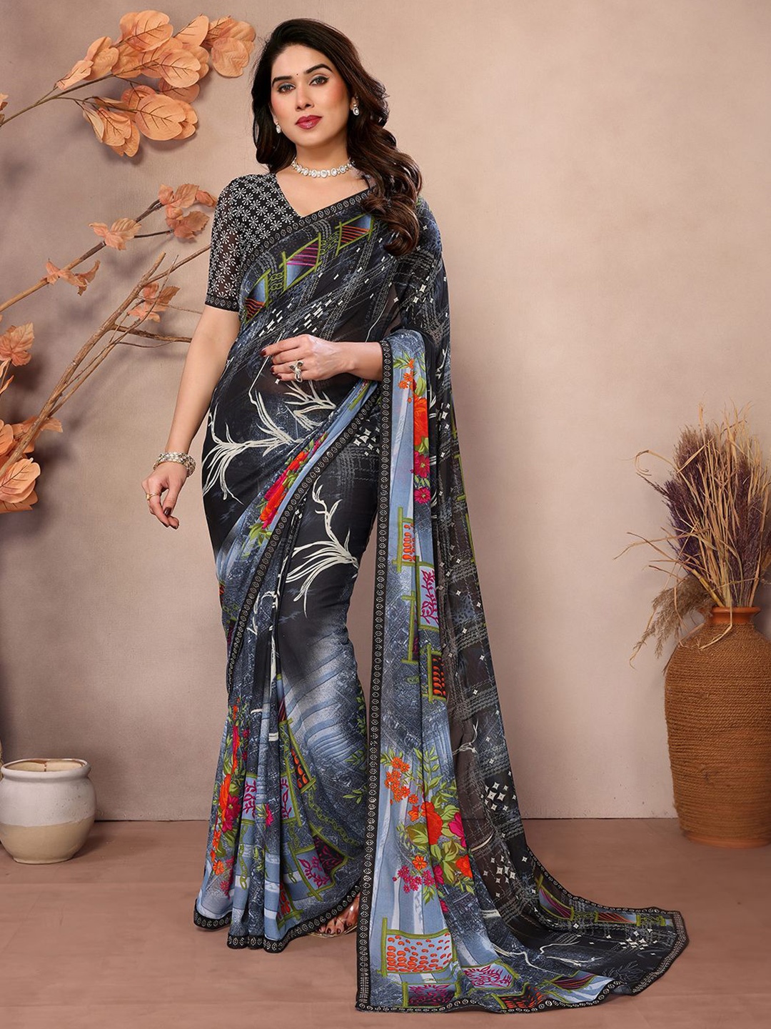 

ANAND SAREES Floral Beads and Stones Pure Georgette Saree, Grey