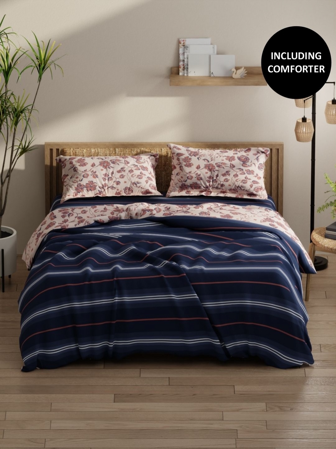 

KOPA Blue & Brown Floral Printed Cotton Double Queen Regular Bedding Set