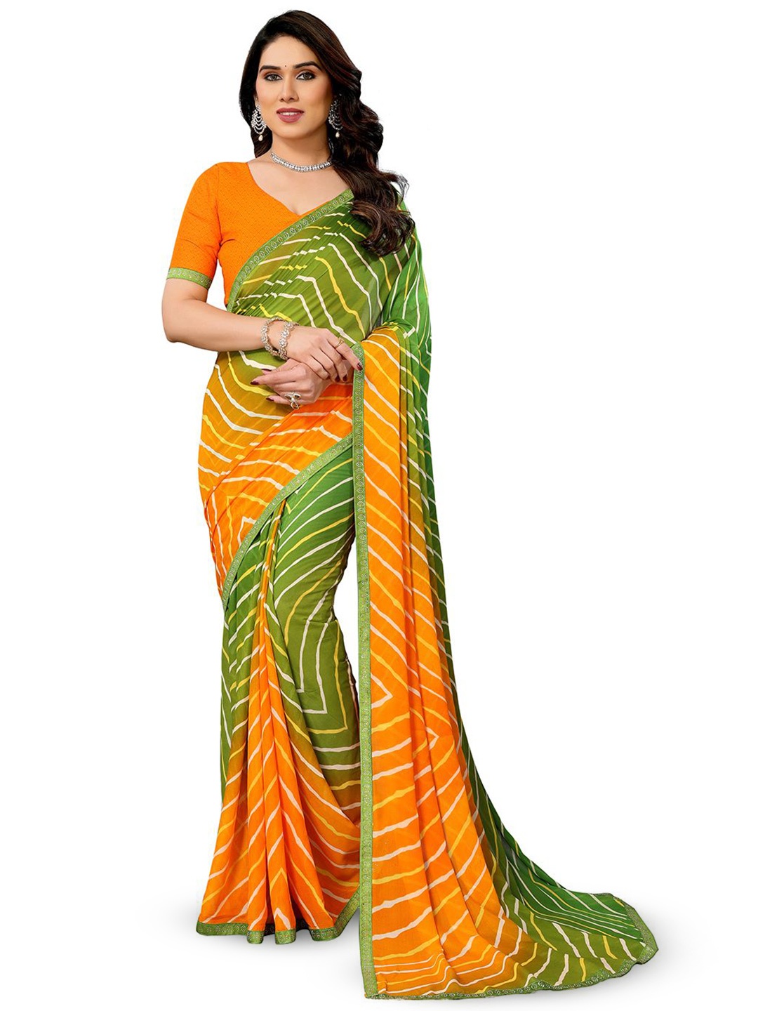 

ANAND SAREES Floral Sequinned Pure Georgette Saree, Green