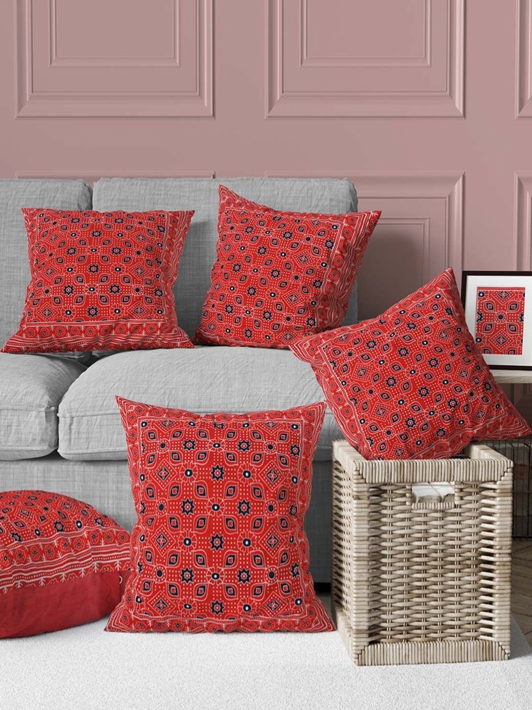 

AAZEEM Red & Blue Set of 5 Ethnic Motifs Rectangle Cushion Covers