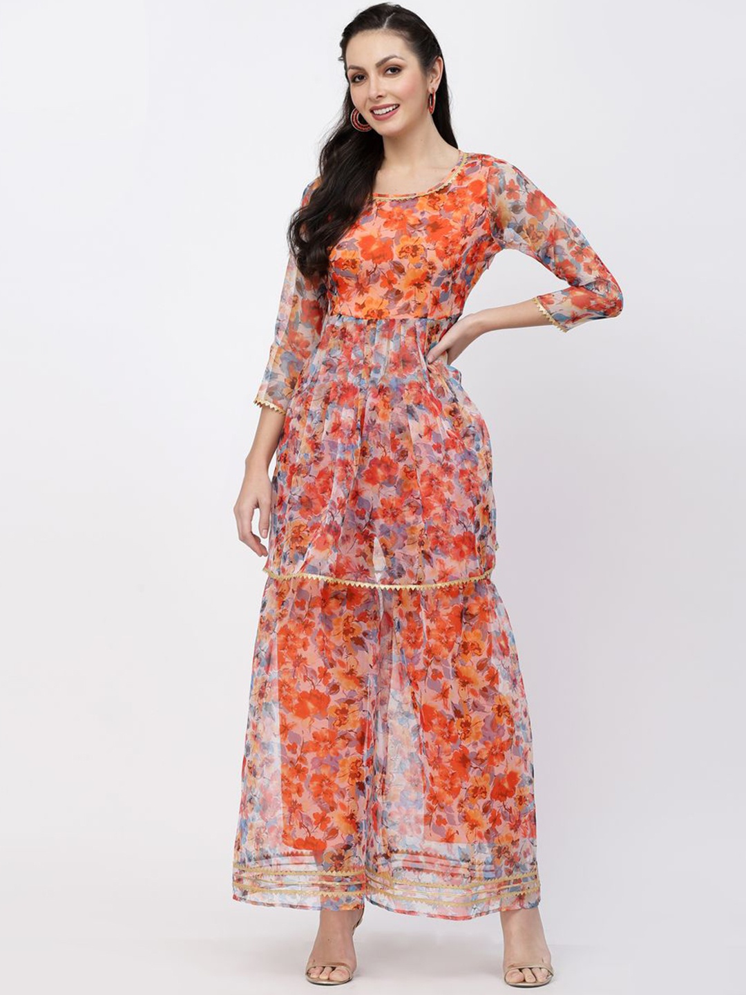 

Fabway Clothing Women Floral Printed Pleated Gotta Patti Kurti with Sharara & With Dupatta, Orange