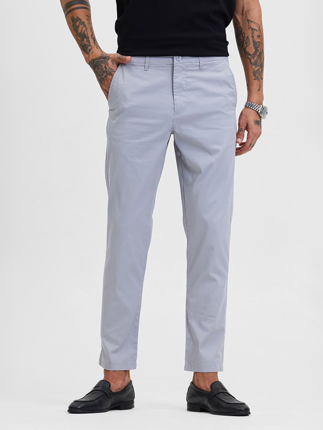 

Snitch Men Smart Slim Fit Chinos Trousers, Grey
