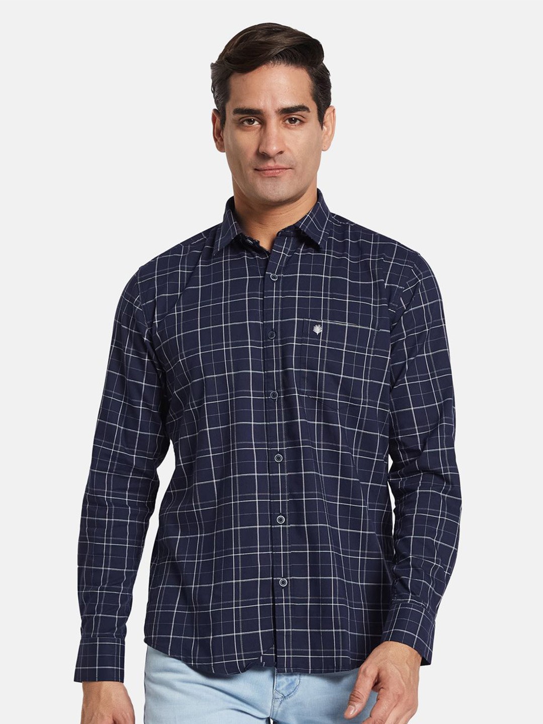

METTLE Men Opaque Checked Casual Shirt, Navy blue
