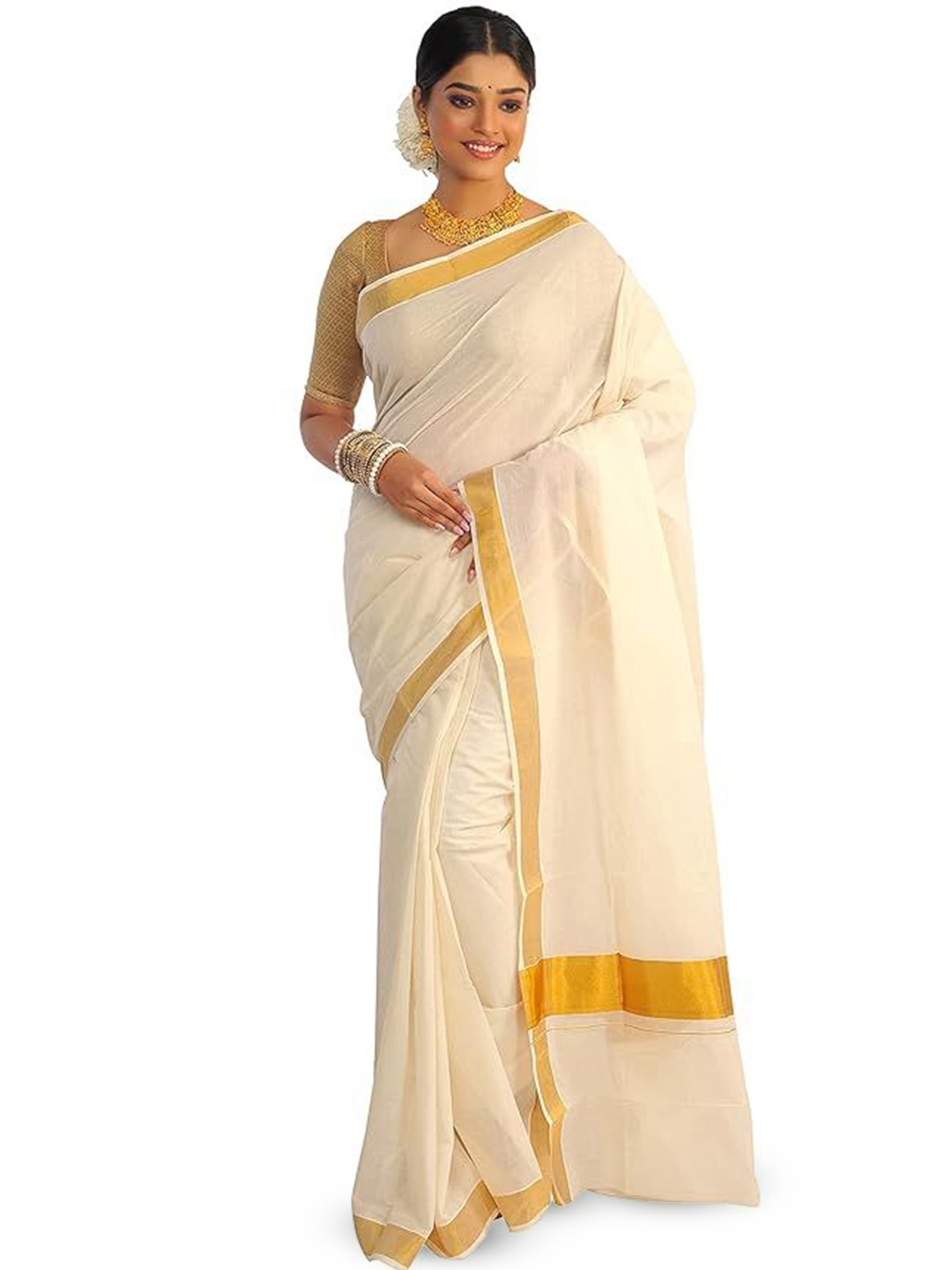 

RAJ SAREE HOUSE Zari Pure Cotton Taant Saree, Cream