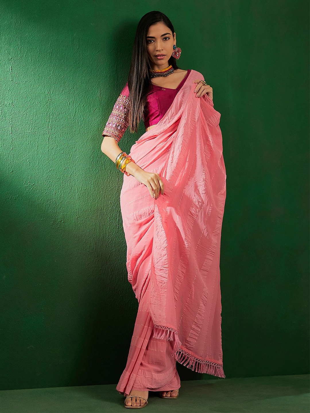 

Suha Striped Beads and Stones Art Silk Saree, Pink