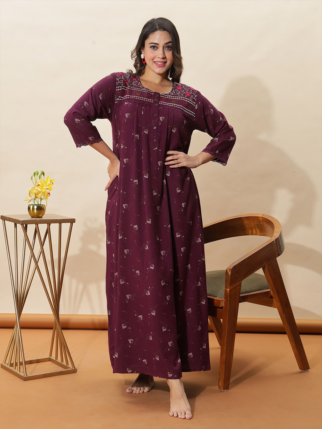 

9shines Label Women Floral Embroidered Maxi Nightdress, Burgundy