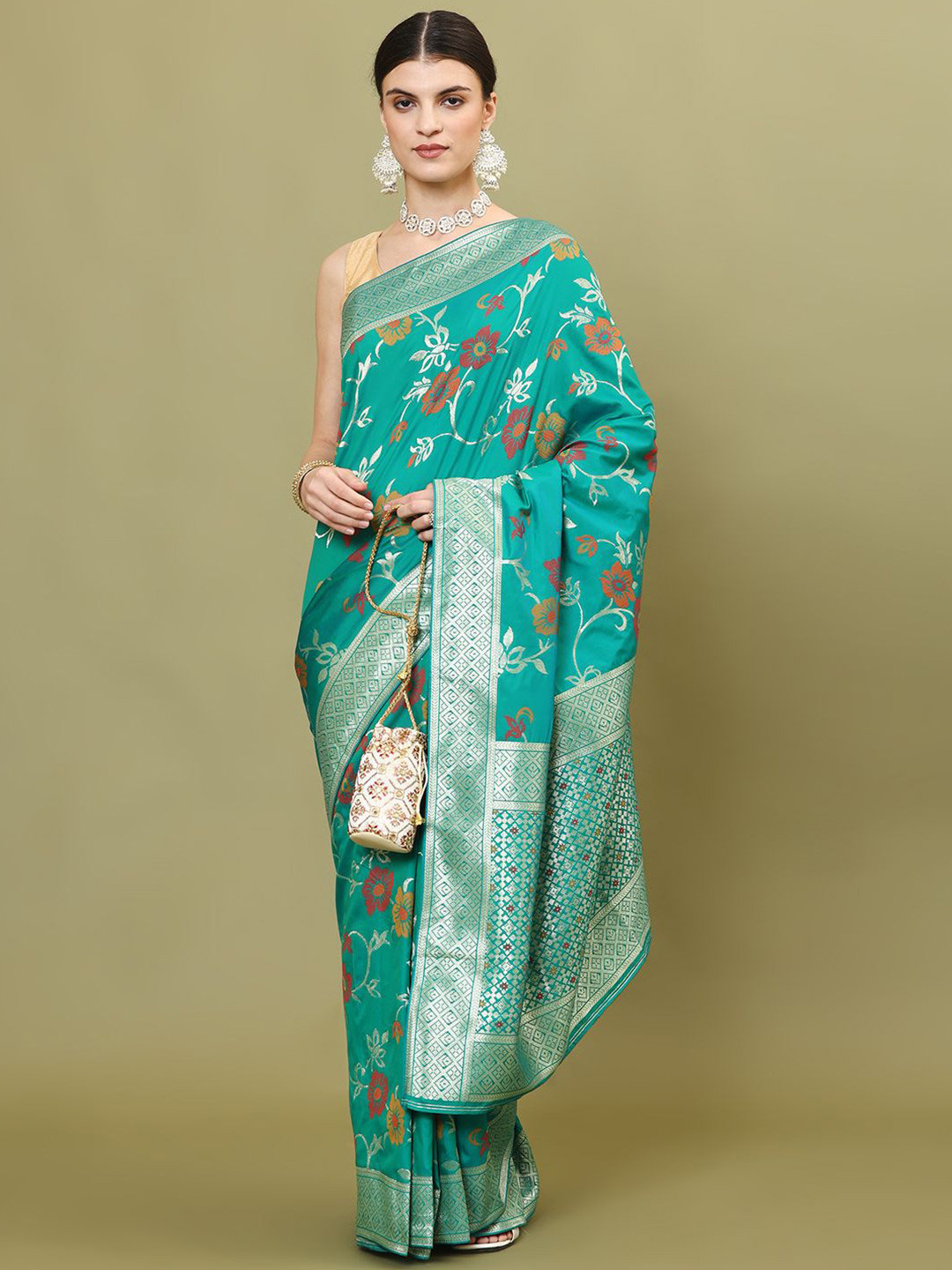 

Meena Bazaar Floral Woven Banarasi Art Silk Saree, Sea green